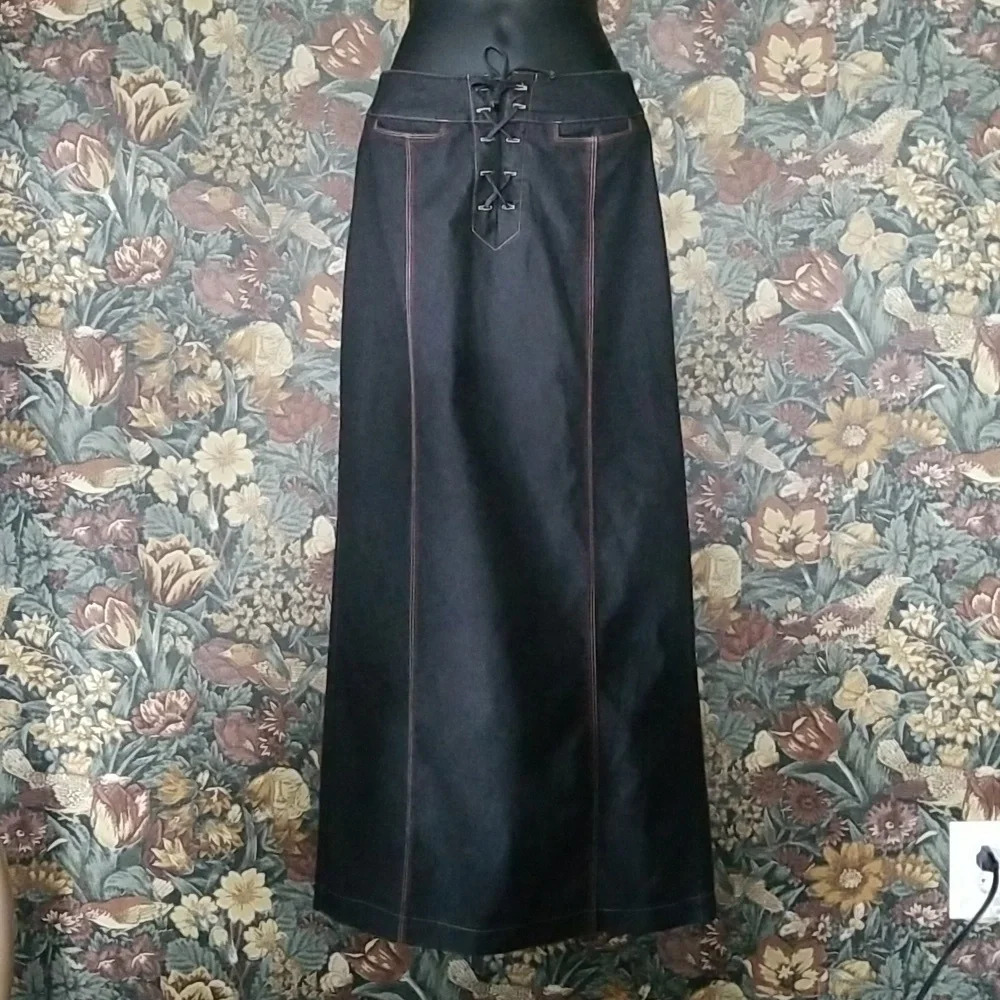 Y2K Colori Maxi Dark Blue Wash Denim Jeans Skirt With Corset Front Size XS
